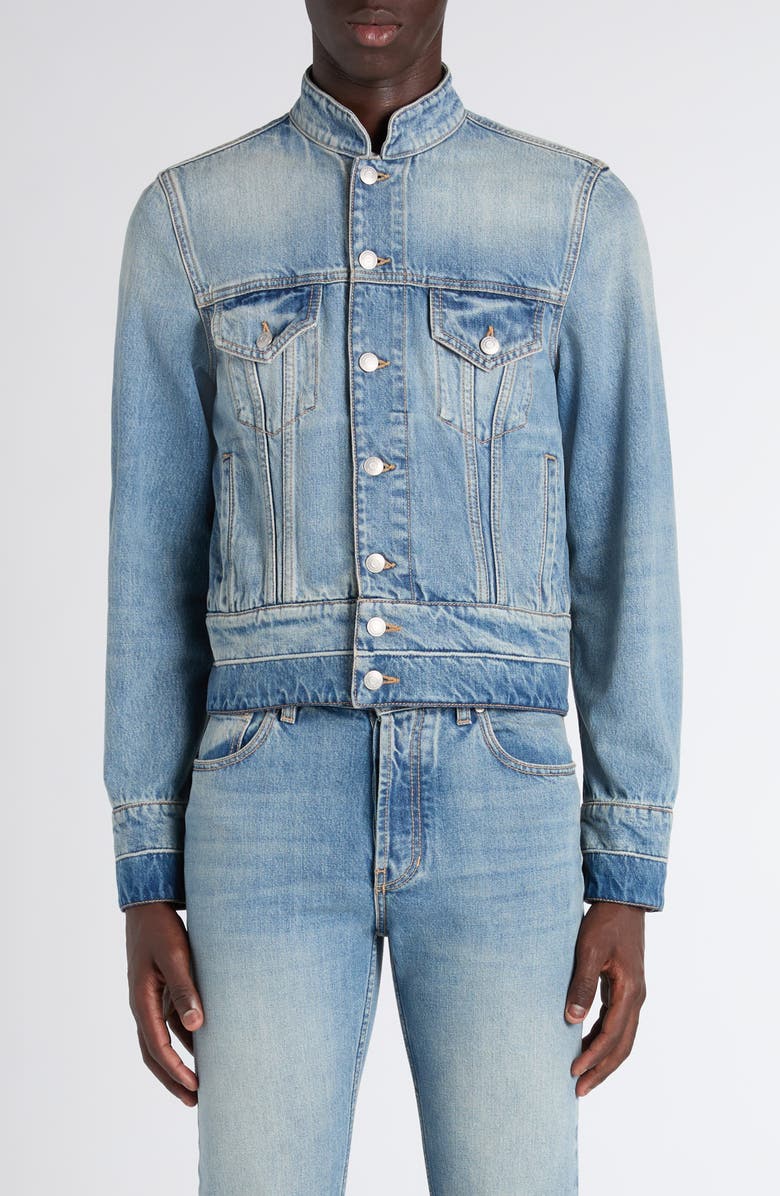 McQueen Band Collar Denim Jacket, Main, color, Blue Washed