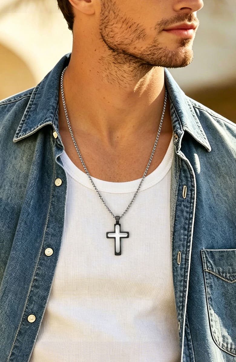 EDFORCE Men's Two Layer Cross Necklace, Alternate, color, Black