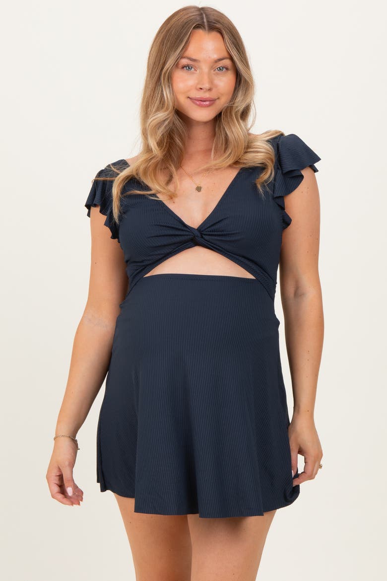 Ribbed Ruffle Twist Front Swim Dress, Alternate, color, Navy Blue