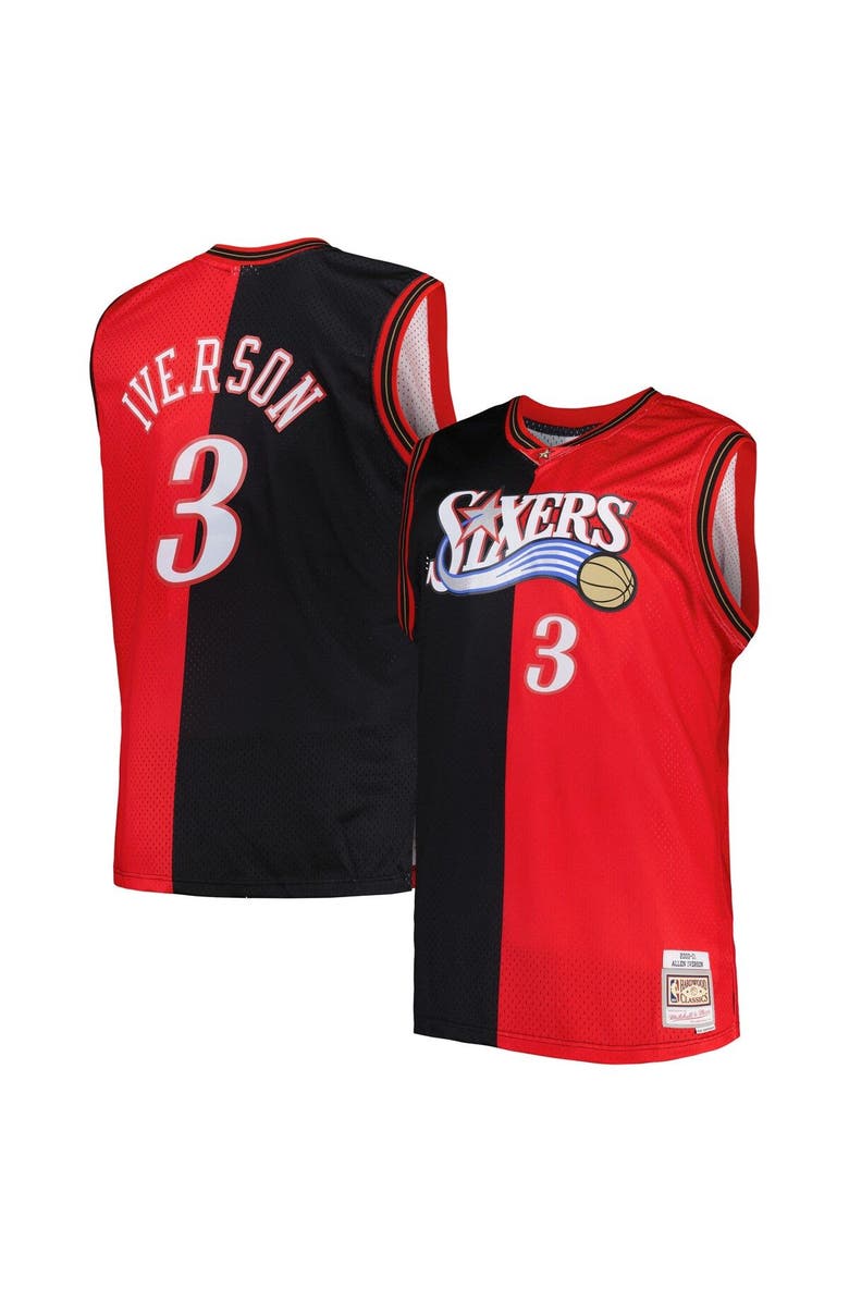 Mitchell & Ness Men's Mitchell & Ness Allen Iverson Black/Red Philadelphia 76ers Big & Tall Hardwood Classics 2000/01 Split Swingman Jersey, Main, color,