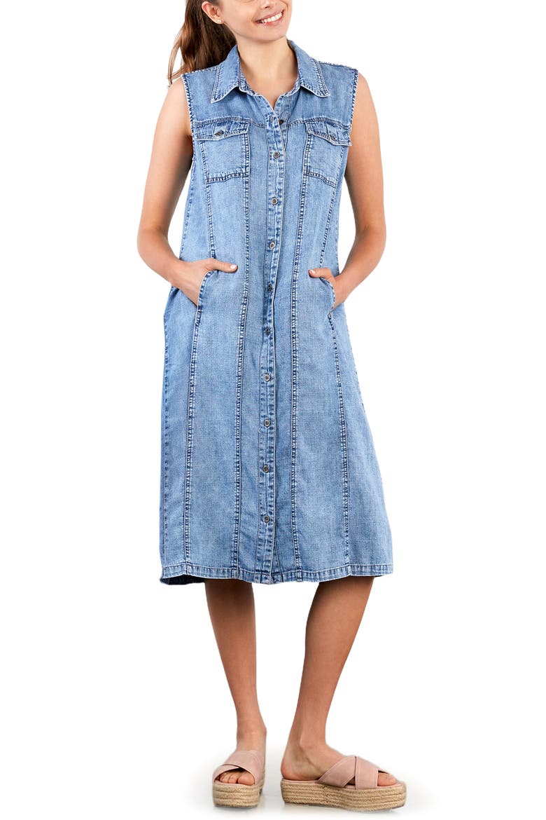 Seamed Sleeveless Denim Midi Shirtdress, Alternate, color, FADED BLU DENIM