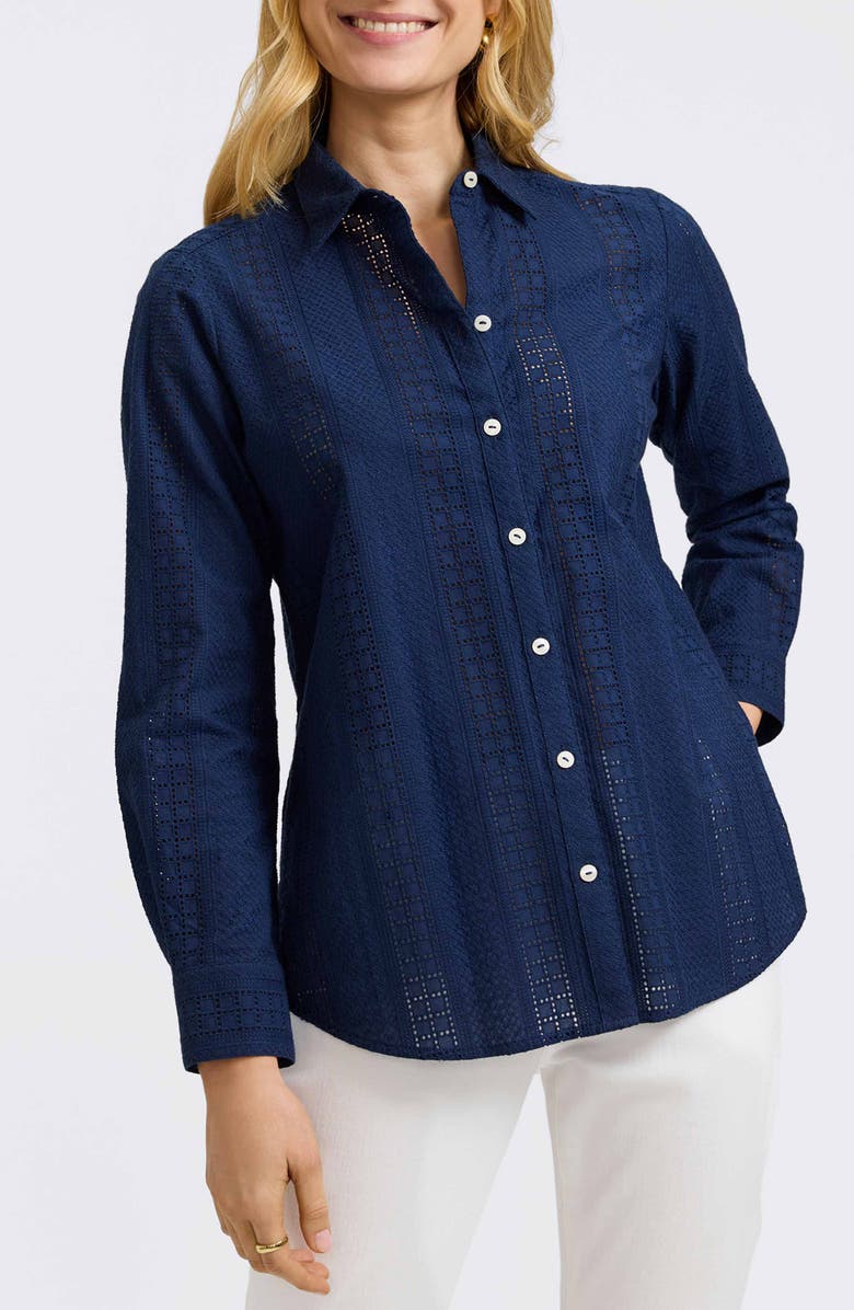 Foxcroft Zoey Mixed Stitch Button-Up Shirt, Main, color, Navy