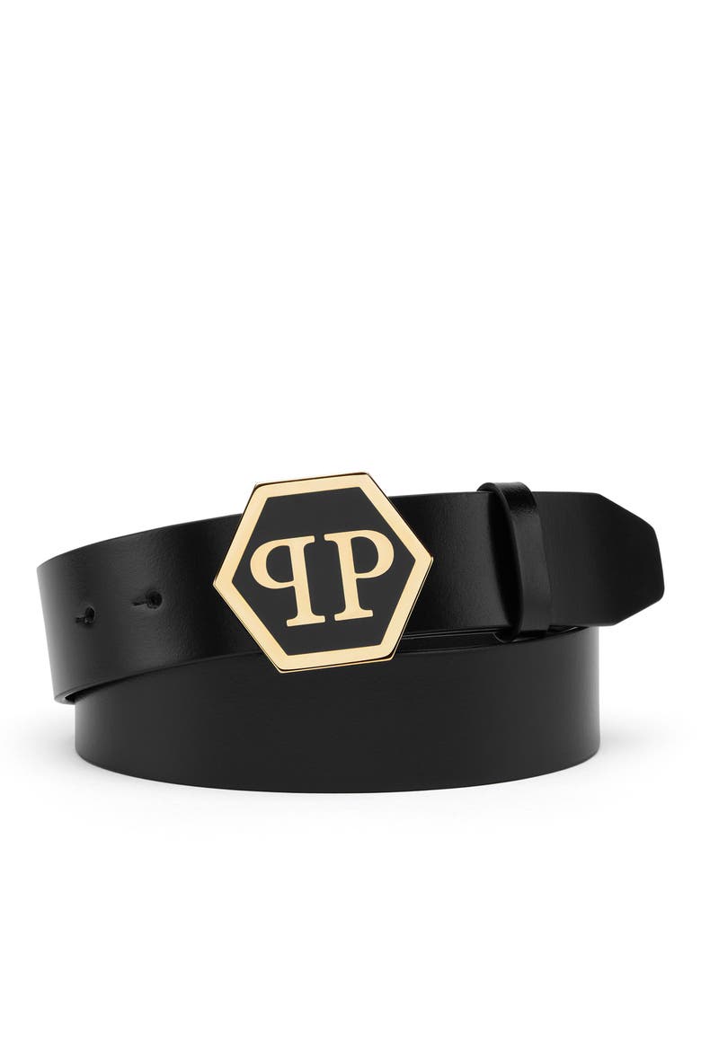 Leather Belt Hexagon Men, Main, color, black/lightgold