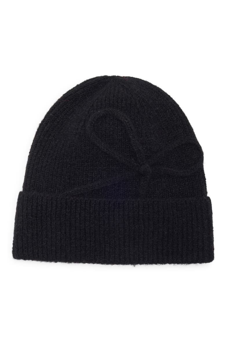 Bow Ribbed Beanie, Main, color, BLACK