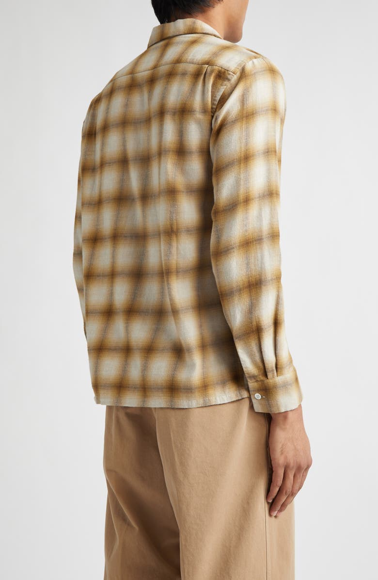 BEAMS Open Collar Ombré Check Brushed Flannel Button-Up Shirt, Alternate, color, Brown