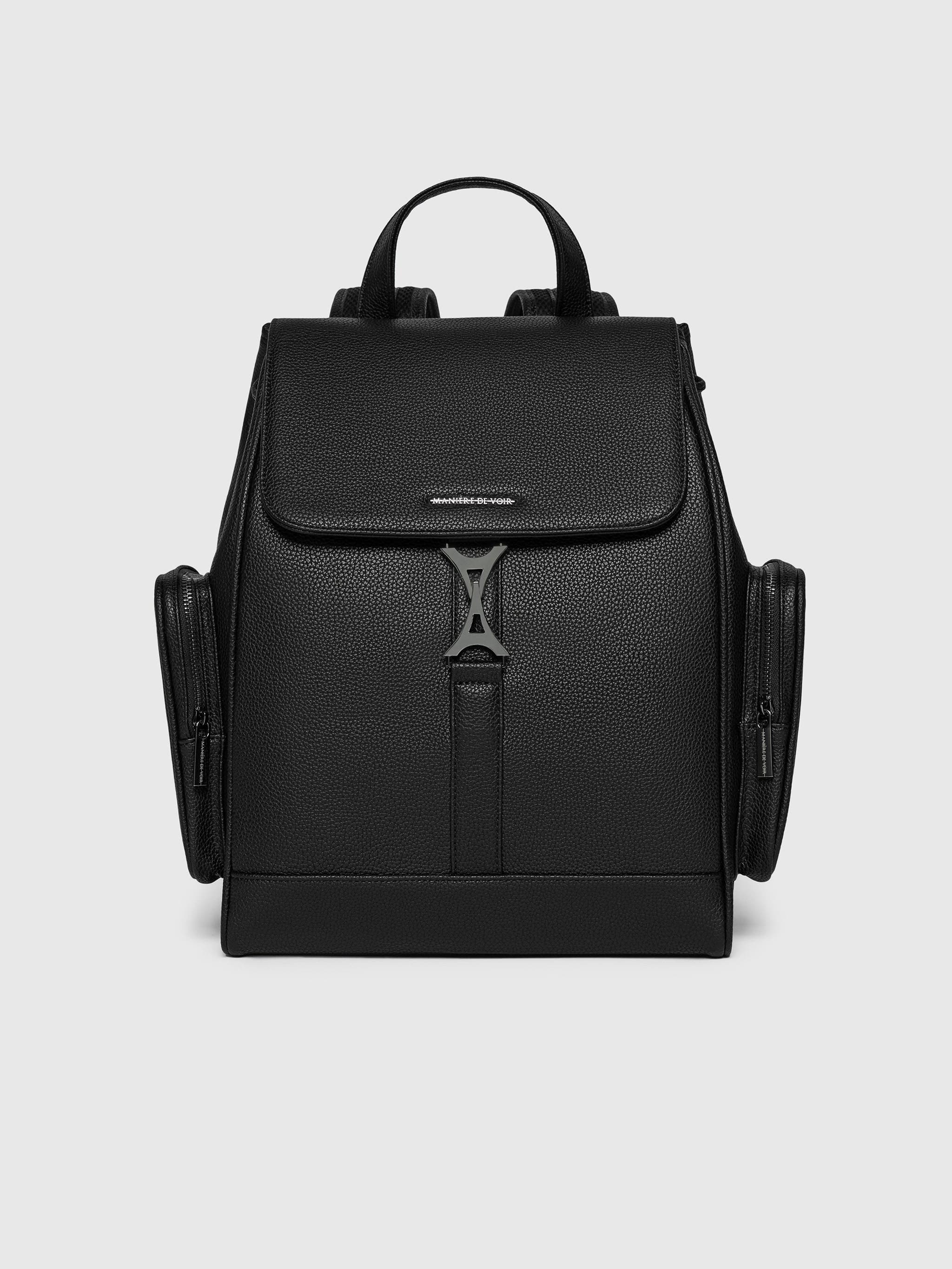 Manière De Voir Maloe Pebbled Leather Eiffel Clasp Backpack, Main, color, Black