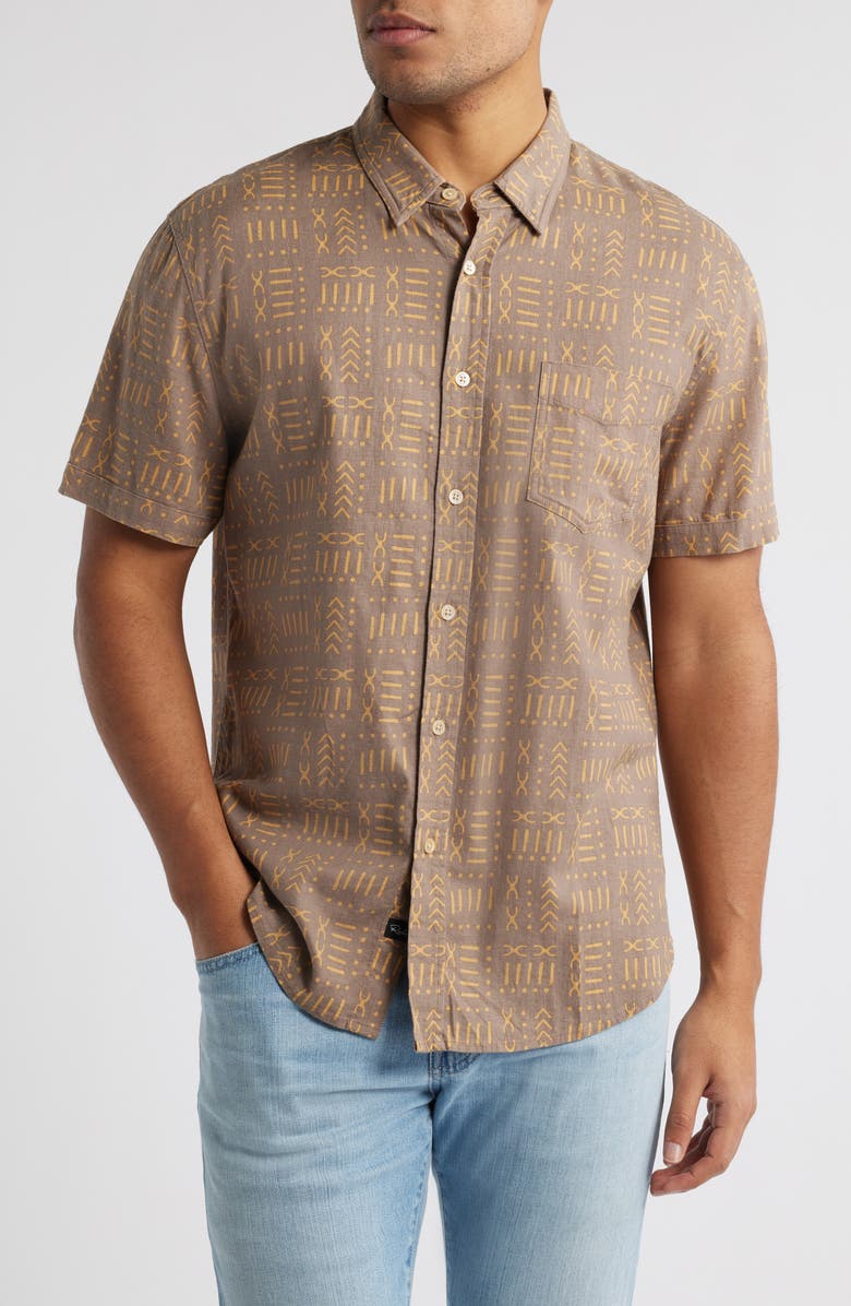 Rails Carson Short Sleeve Stretch Linen Blend Button-Up Shirt, Main, color, Bali Batik Brown