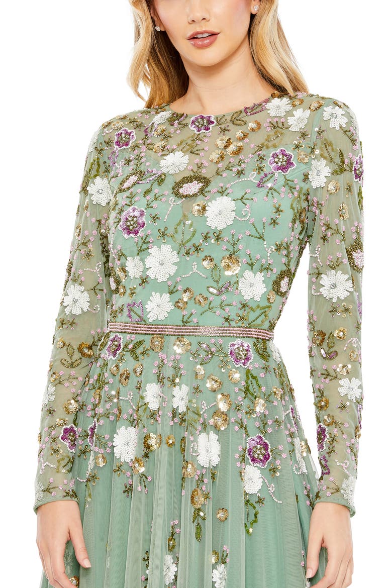 Sequined Floral Long Sleeve High Neck Midi Dress, Alternate, color, SAGE MULTI