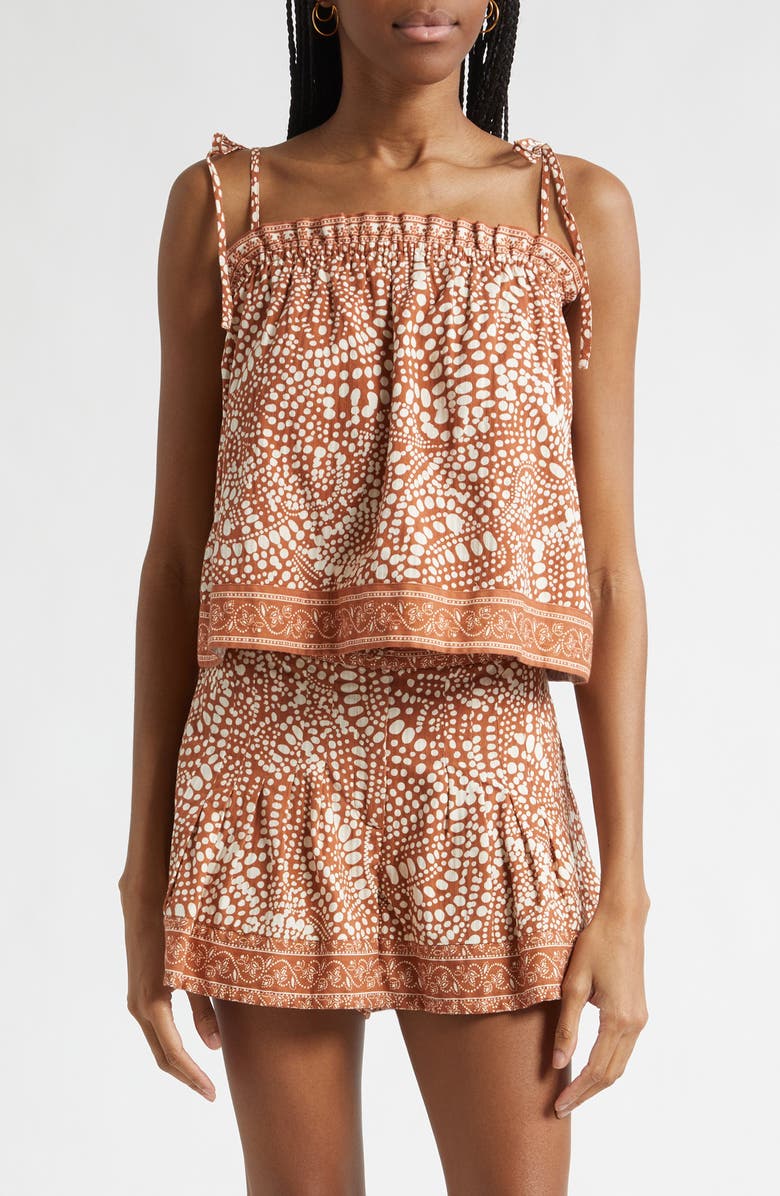 Ramy Brook Scarlett Print Cotton Tie Shoulder Top, Main, color, Coffee Dot