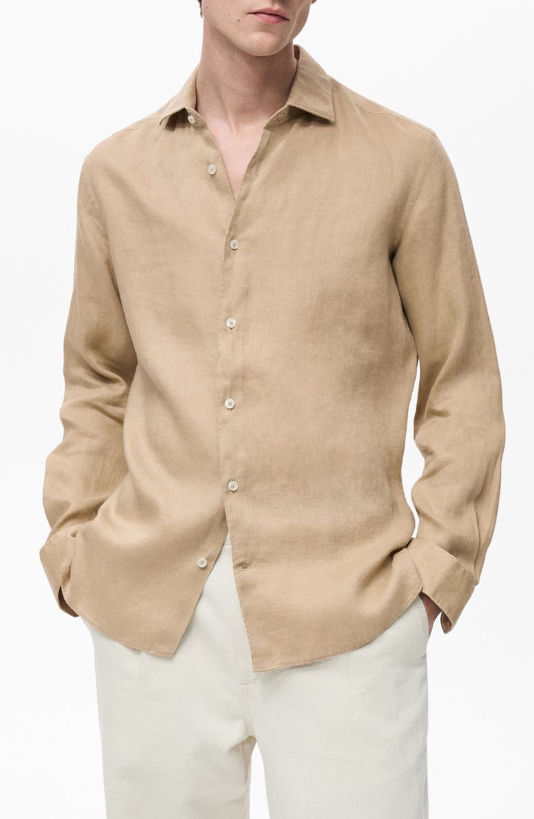 MANGO Slim Fit Linen Button-Up Shirt, Main, color, Beige