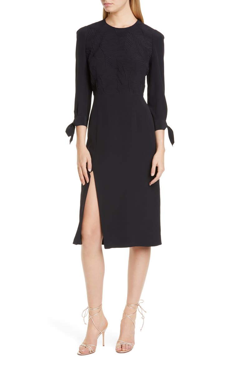 Side Slit Leaf Cloqué Silk Dress, Main, color, BLACK