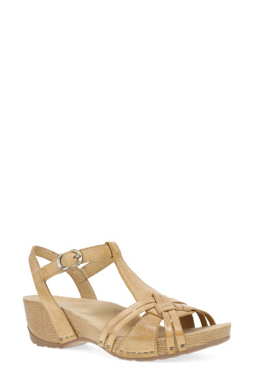 Dansko Tia Ankle Strap Platform Wedge Sandal In Tan Milled Burnished