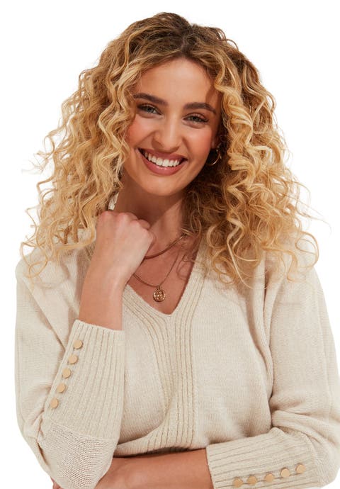 V-Neck Shimmer Pullover Sweater (Plus)