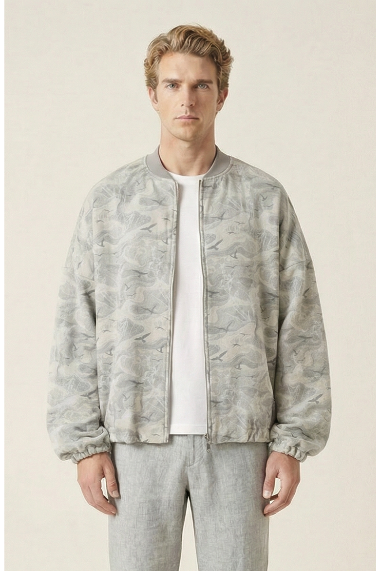 Printed Zip Front Elastic Hem Bomber Jacket, Main, color, Beige