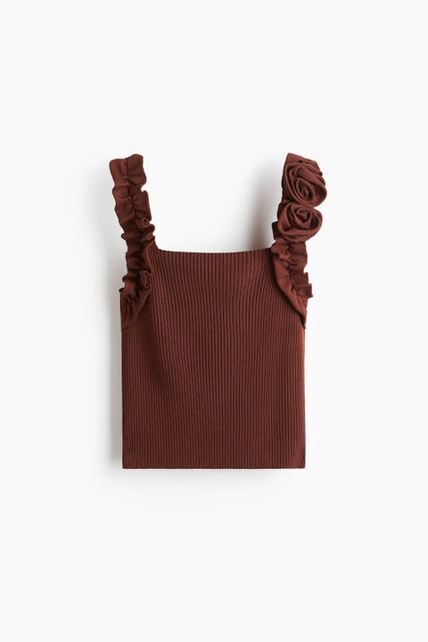 Rose-appliquéd Rib-knit Top