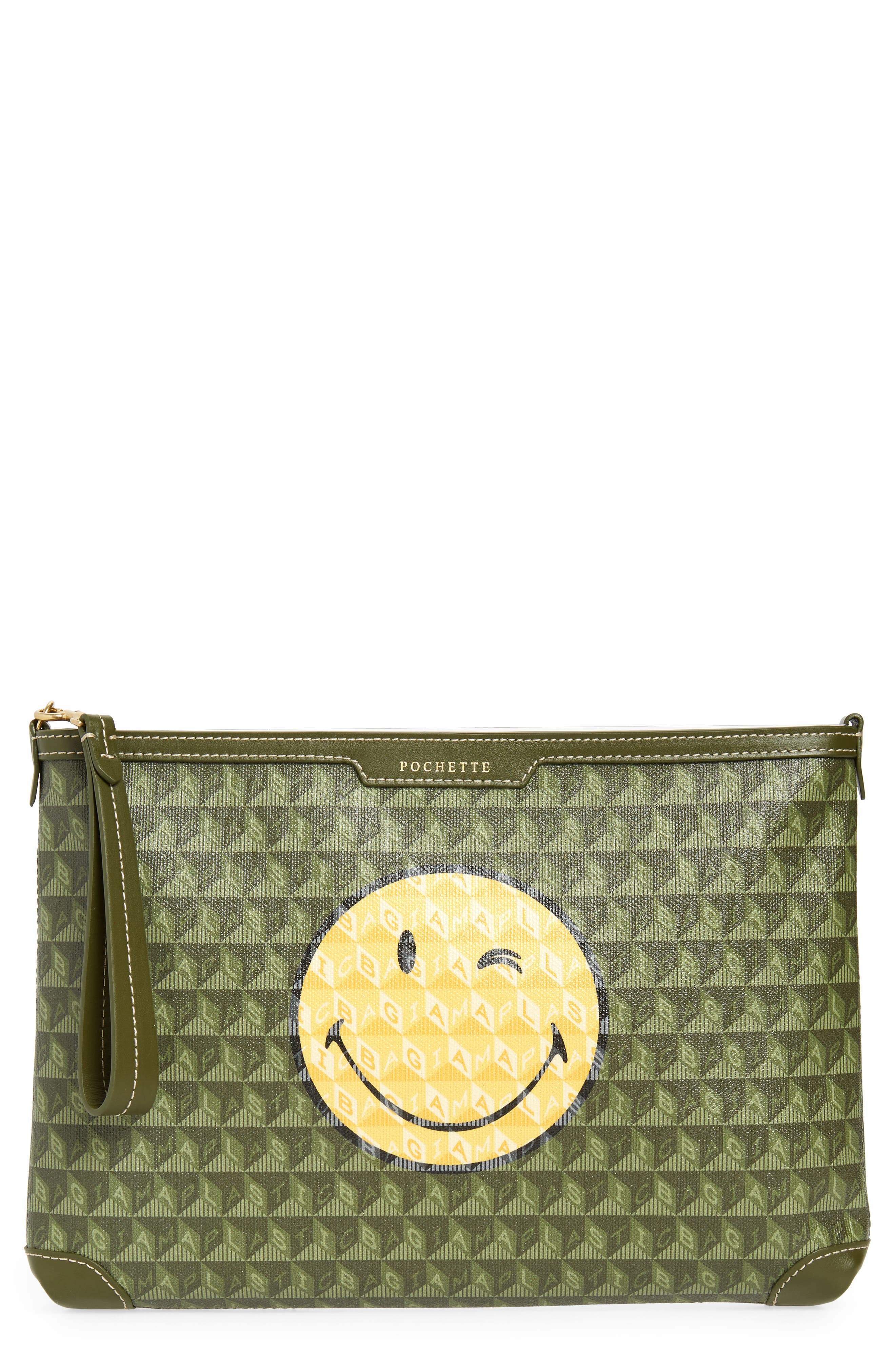 Anya Hindmarch SMILEY<sup>®</sup> I am a Plastic Bag Wink Recycled Coated Canvas Zip Pouch, Main, color, 