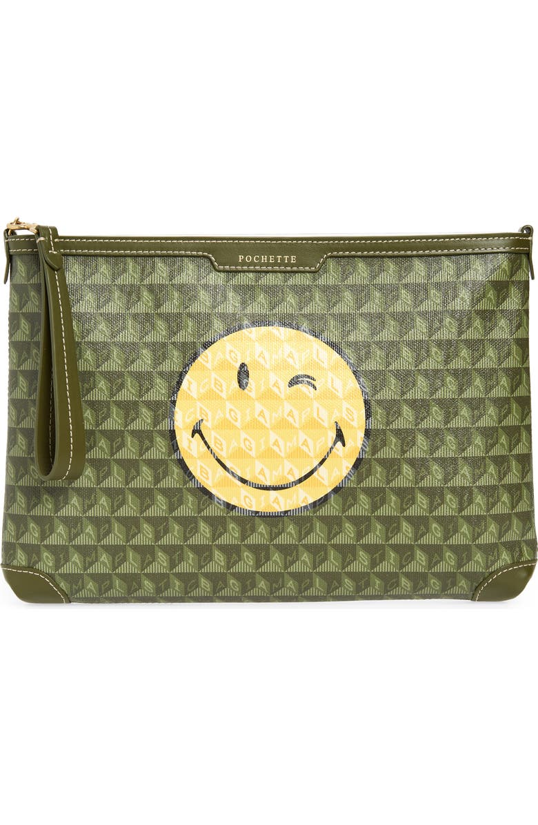 Anya Hindmarch SMILEY<sup>®</sup> I am a Plastic Bag Wink Recycled Coated Canvas Zip Pouch, Main, color,