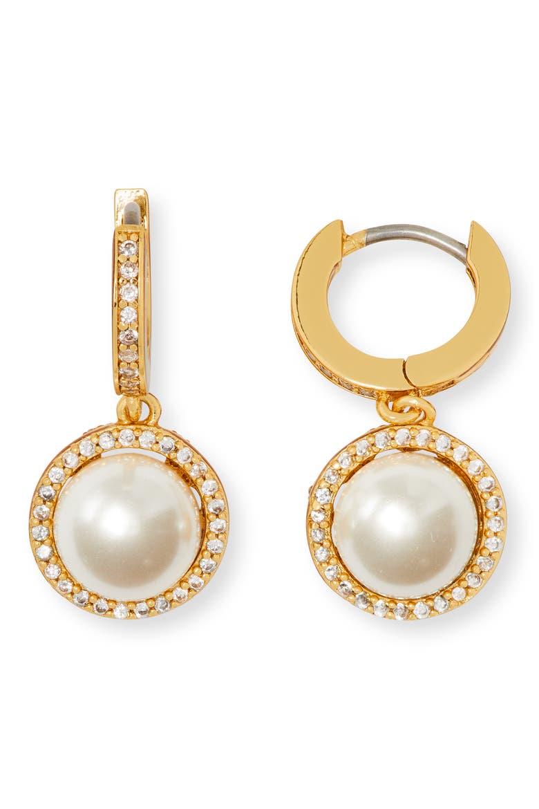 something sparkly imitation pearl drop huggie hoop earrings, Main, color, CREAM/ GOLD