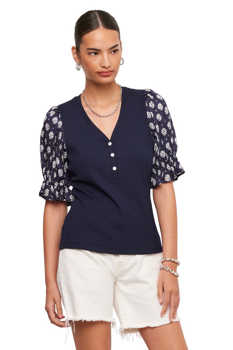 Tamra Contrast Puff Sleeve Henley, Alternate, color, NAVY