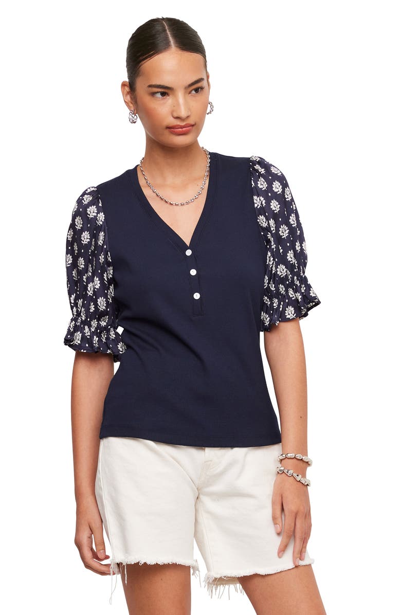 FIFTEEN TWENTY Tamra Contrast Puff Sleeve Henley, Alternate, color, Navy