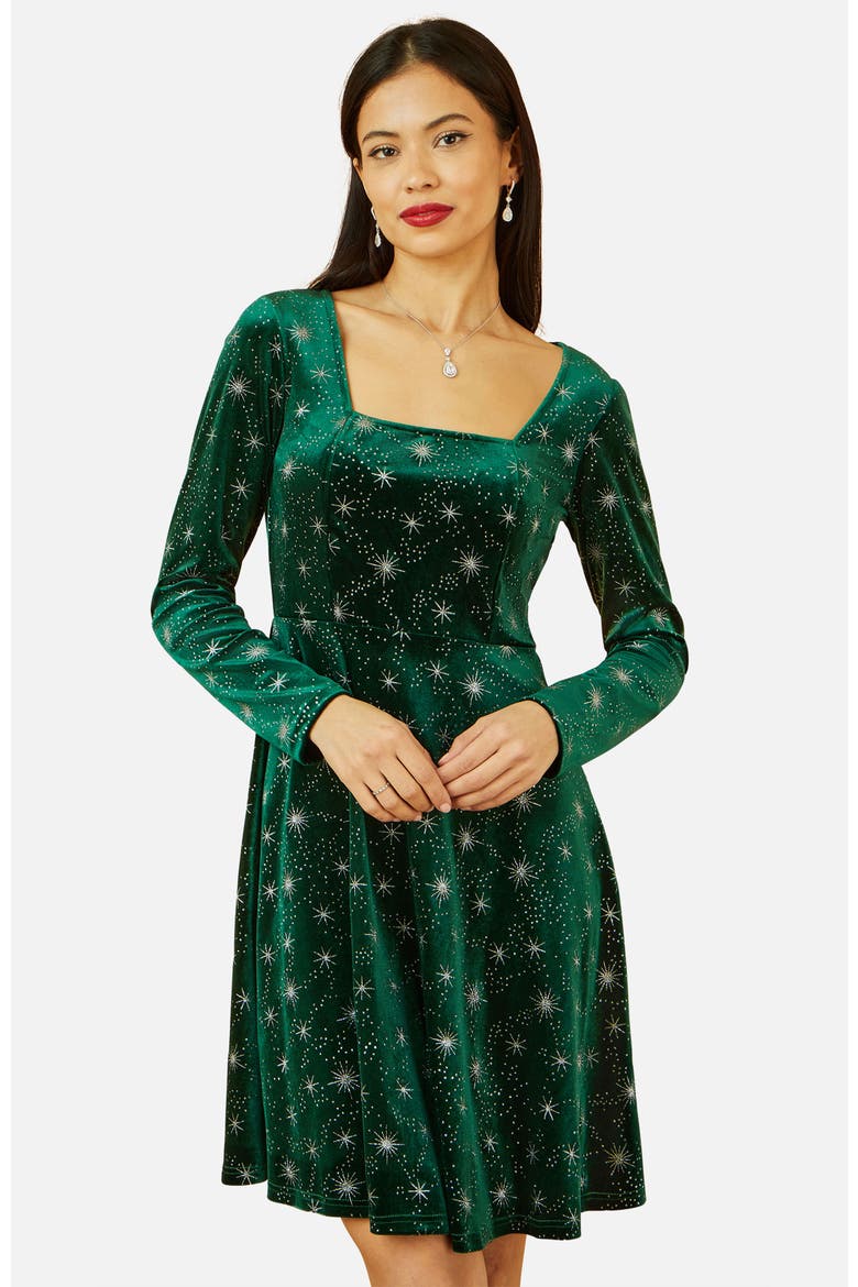 Starburst Foil Print Skater Dress, Alternate, color, Green