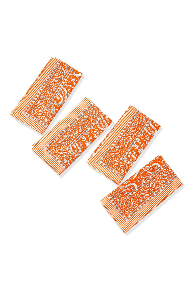 Set of 4 Floral Block Print Cotton Napkins, Main, color, ORANGE
