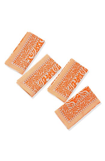 Tiramisu Set Of 4 Tangerine Twirl Block Print Napkins In Orange