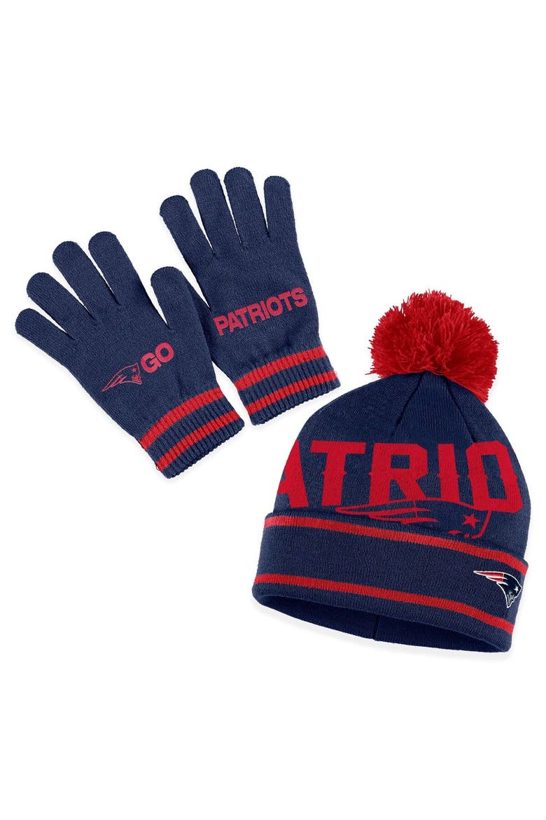 Women's WEAR by Erin Andrews  Navy New England Patriots Double Jacquard Cuffed Knit Hat with Pom and Gloves Set, Main, color, Navy