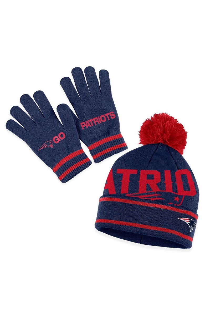 WEAR by Erin Andrews Women's WEAR by Erin Andrews Navy New England Patriots Double Jacquard Cuffed Knit Hat with Pom and Gloves Set, Main, color, Navy