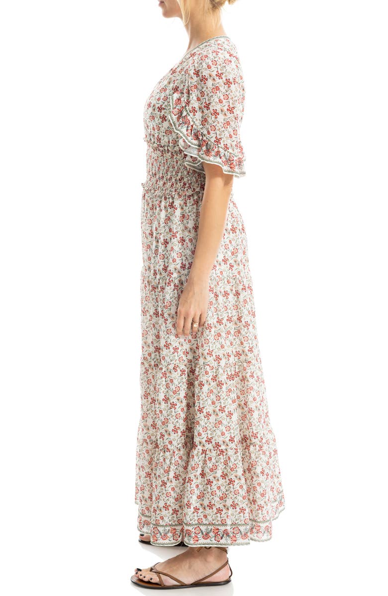 MAX STUDIO V-Neck Flutter Sleeve Smocked Waist Maxi Dress, Alternate, color, Cream/ Berry Floral Swing