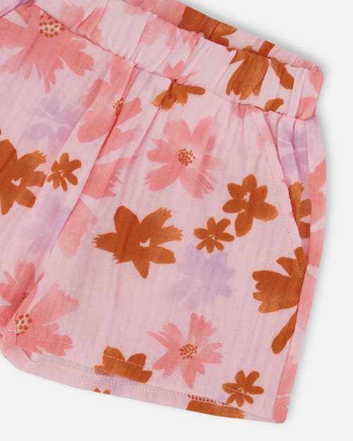 Deux Par Deux Girl's Printed Tank Top And Short Muslin Set With Frills Pink And Coral Flowers In Pink And Coral Flowers