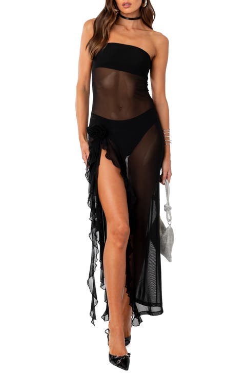Suri Ruffle Sheer Mesh Strapless Maxi Dress