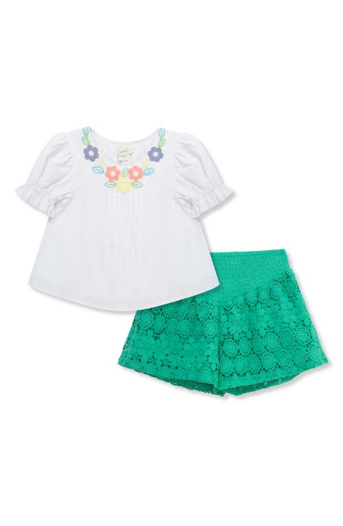 Peek Aren't You Curious Kids' Floral Embroidered Top & Crochet Stitch Shorts Set In White/green