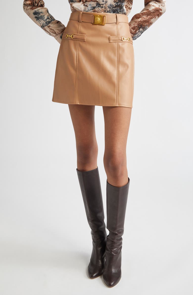 L'AGENCE Yvette Belted Faux Leather Miniskirt, Main, color, Soft Cognac