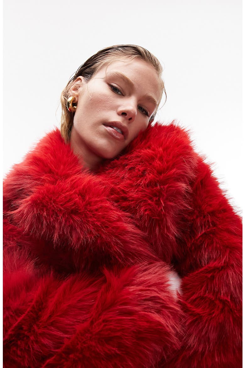 Faux Fur Coat, Alternate, color, RED