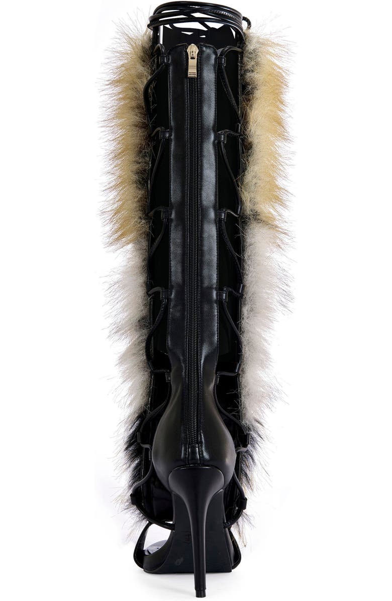 AZALEA WANG STAMOS-BROWN FAUX FUR GLADIATOR SANDAL BOOT - BROWN / 6 / STILETTO, Alternate, color, Brown