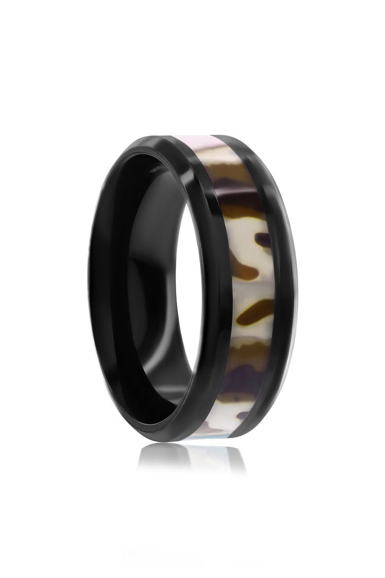 Men's Camouflage Black Stainless Steel Band Ring, Alternate, color, BLACK/ BROWN