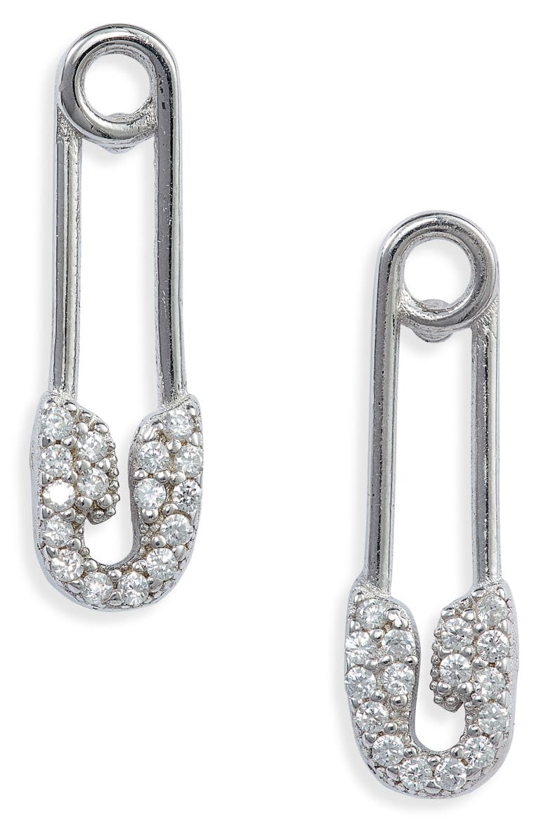 Adina’s Jewels Pavé Safety Pin Earrings, Main, color, SILVER