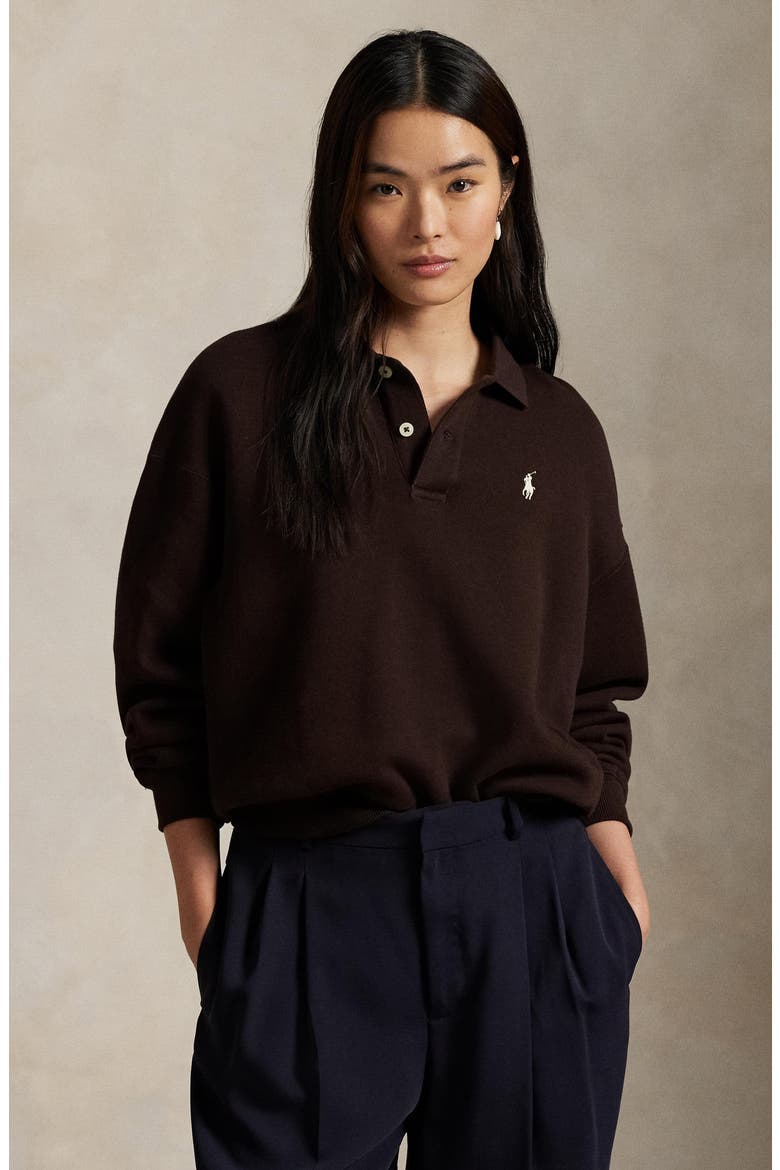 Cotton Blend Fleece Polo Sweatshirt, Alternate, color, BROWN