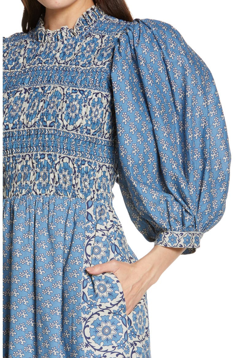 Fernanda Puff Sleeve Smocked Cotton Dress, Alternate, color, BLUE