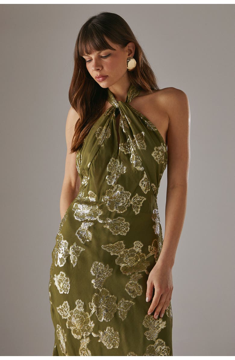 Warehouse Metallic Chiffon Wrap Front Midi Dress, Alternate, color, Olive