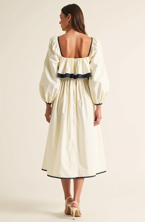 Modenaire Long Sleeve Ruffle Trim Midi Dress With Tie Front Detail