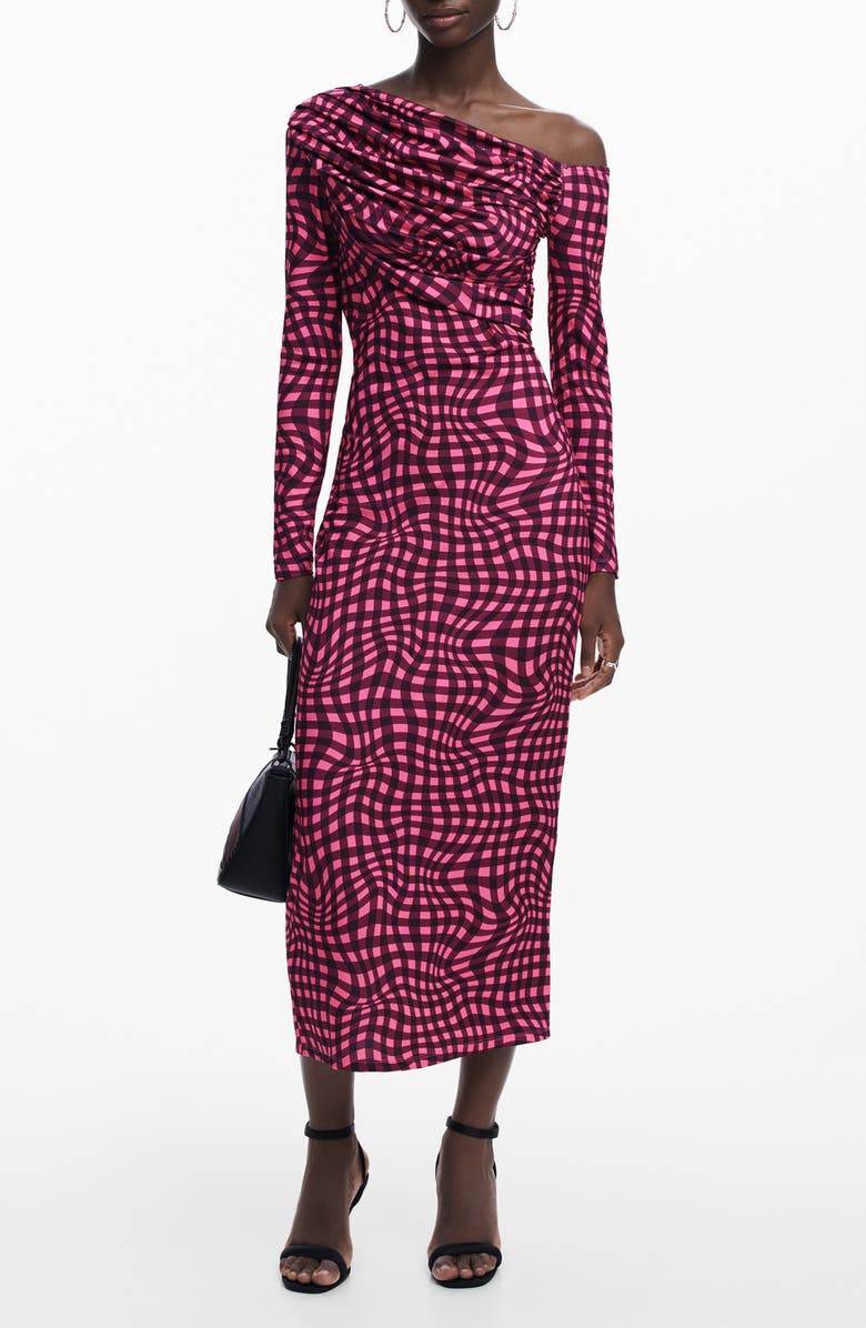 Desigual Psychedelic Checkered Off the Shoulder Long Sleeve Maxi Dress, Main, color, 