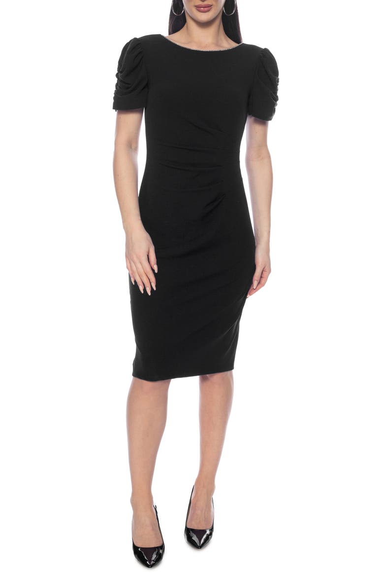 Puff Sleeve Scuba Crepe Midi Dress, Main, color, BLACK