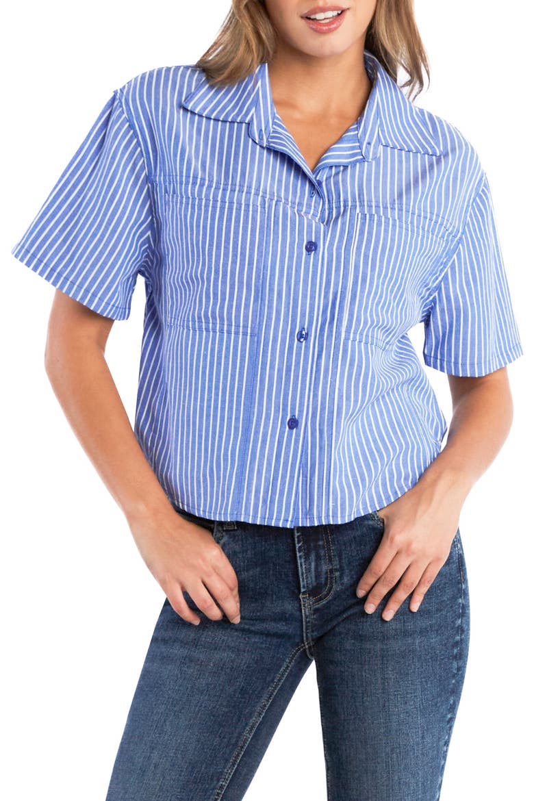 Spot On Stripe Linen Blend Crop Button-Up Shirt, Main, color, NAUTICAL STRIPES