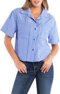 Billy T Spot On Stripe Linen Blend Crop Button-Up Shirt