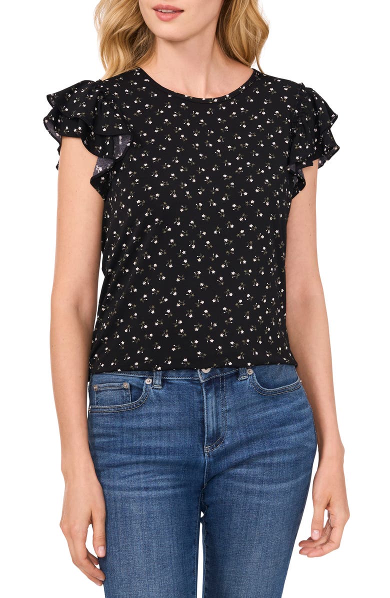 CeCe Floral Double Ruffle Sleeve Top, Main, color, Rich Black