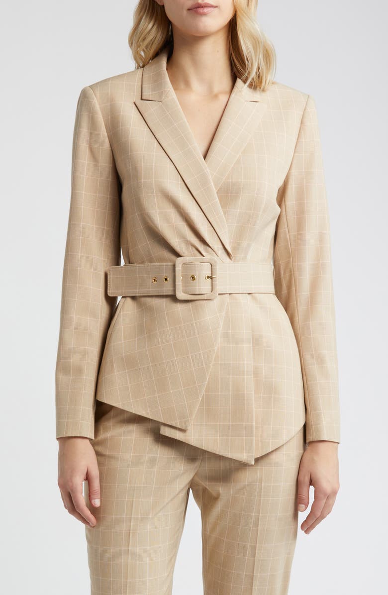 Tahari ASL Plaid Belted Asymmetric Hem Blazer, Main, color, 