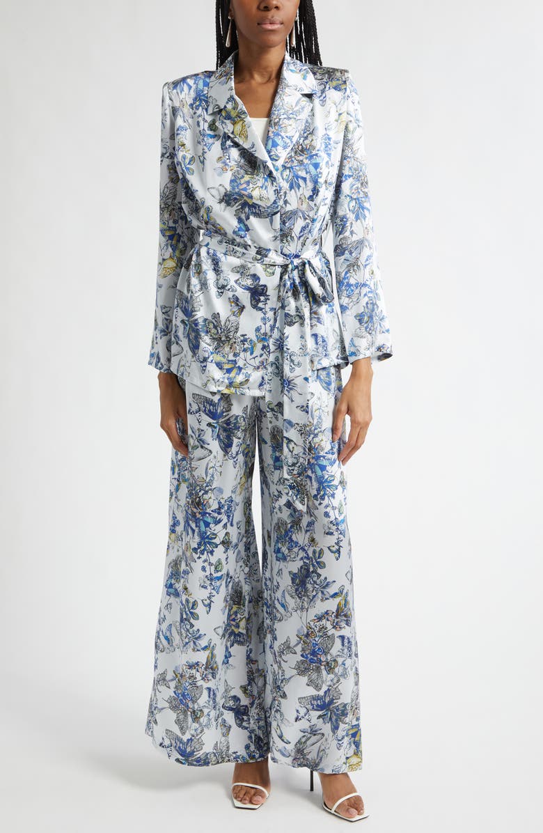 L'AGENCE Lillian Butterfly Print Wide Leg Silk Pants, Alternate, color, Grey Multi Watercolr Butterfly