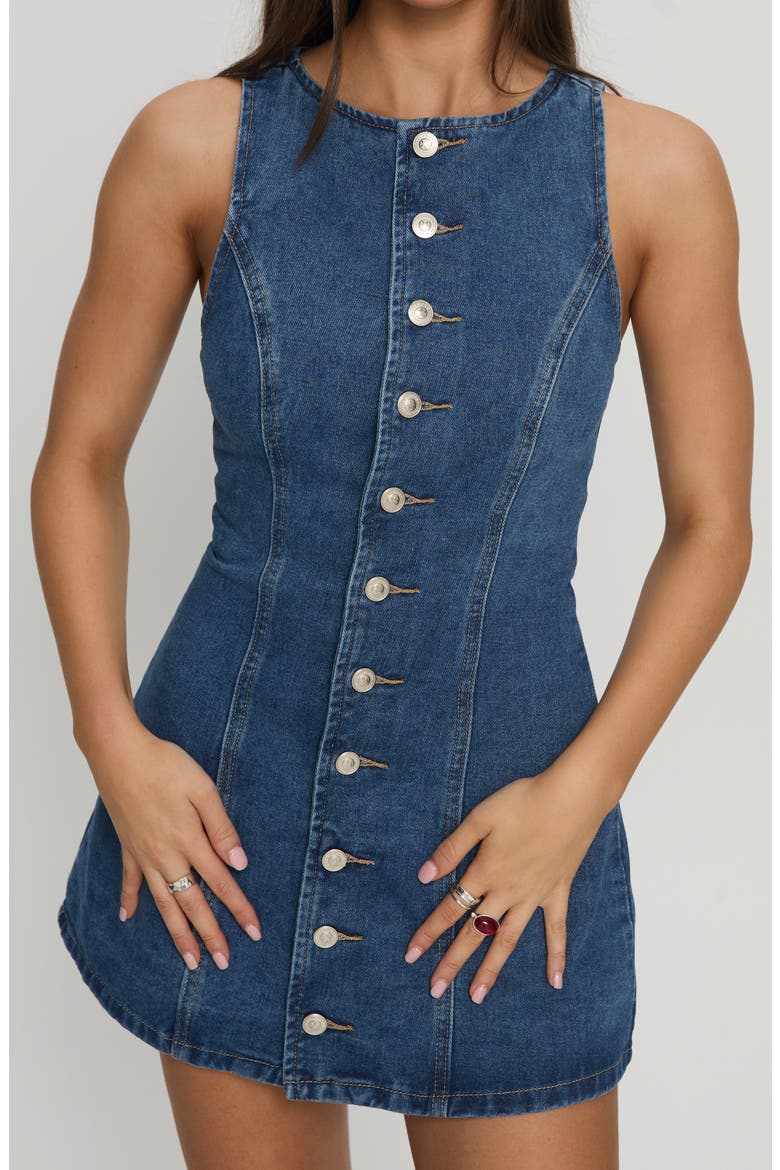 Yumiko Denim Skirted Romper, Alternate, color, BLUE